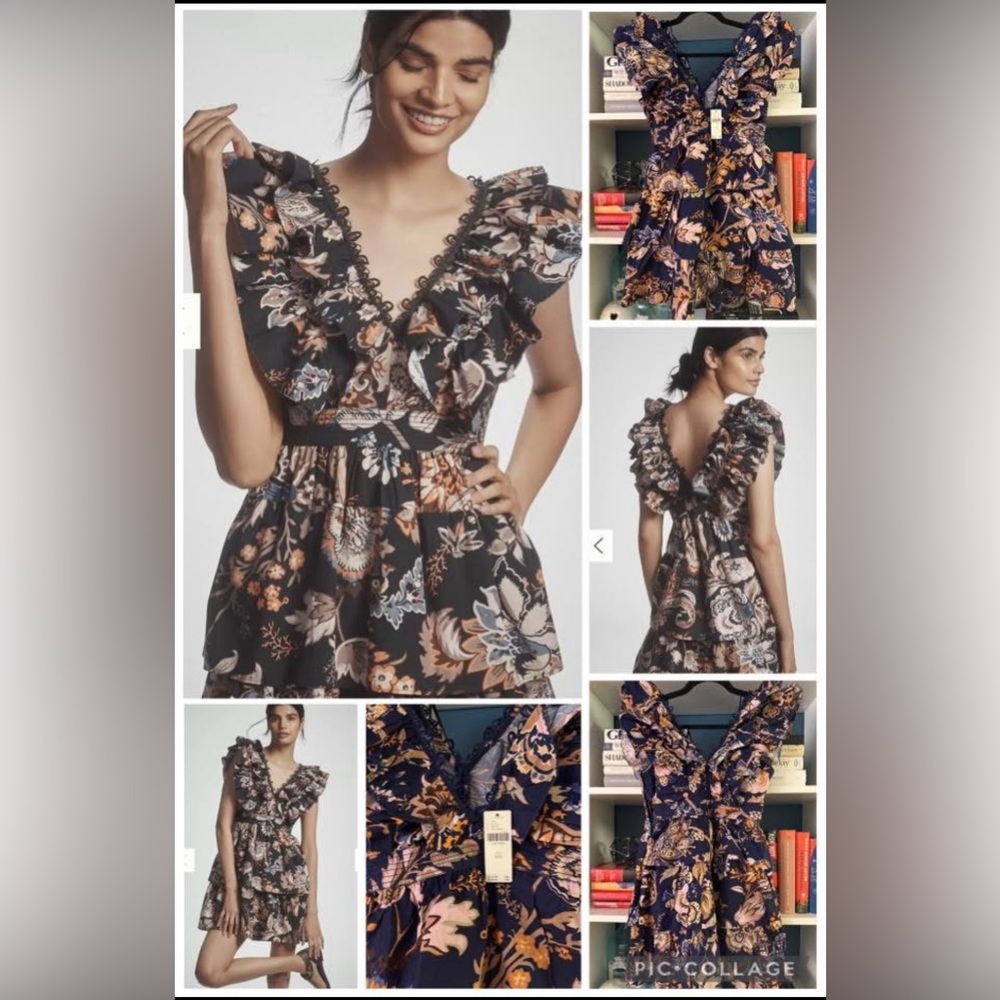 By Anthropologie Floral Ruffle V-Neck Dress